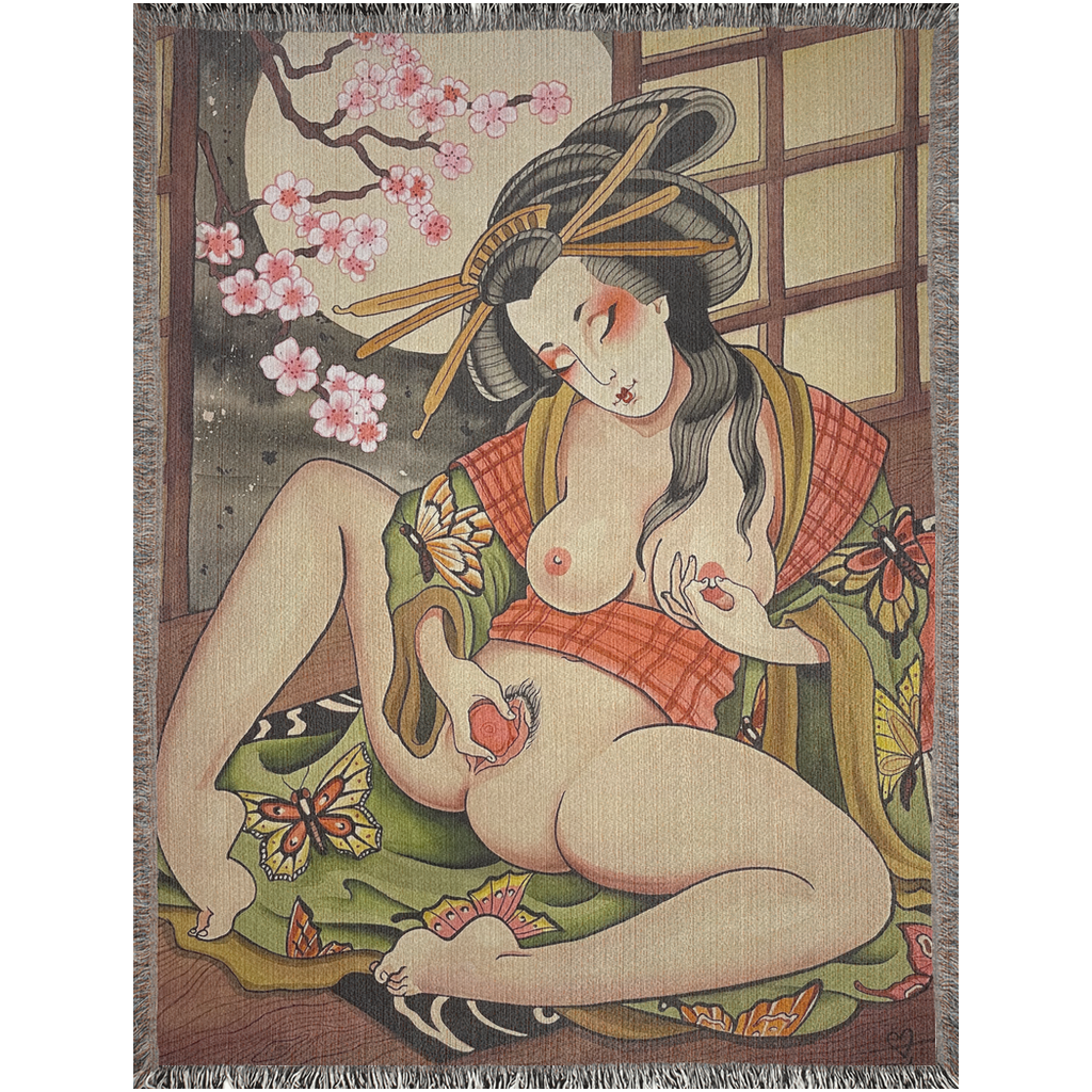 Geisha in the Rose Garden Blanket – 60x80" woven cotton throw with color-fringed edges.