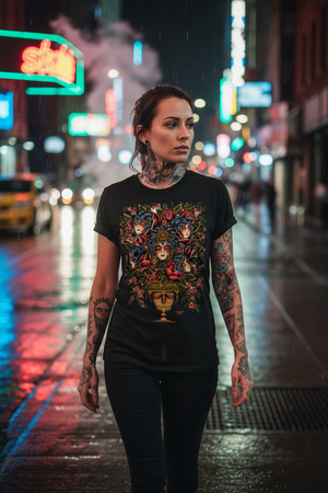 Laurent Trelaun Familiar Vase T-Shirt in Black featuring floral vase artwork with illustrated faces, worn by a model on a city street at night