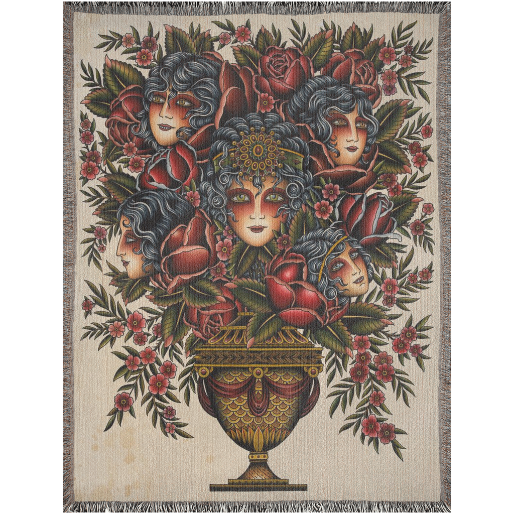 Laurent Trelaun's Familiar Vase Blanket showcasing detailed floral and skull design.