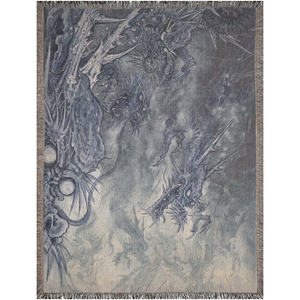 Jojo Ackermann's Dragon Blanket – 60x80" woven cotton throw with color-fringed edges.