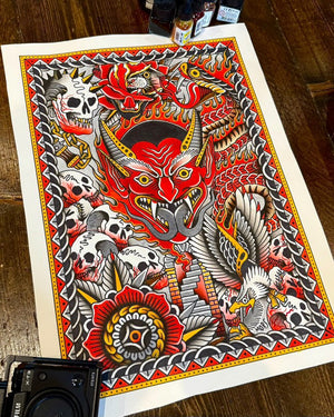 Close-up of 'Mors – Chaos Print' artwork showcasing intricate tattoo-inspired design.