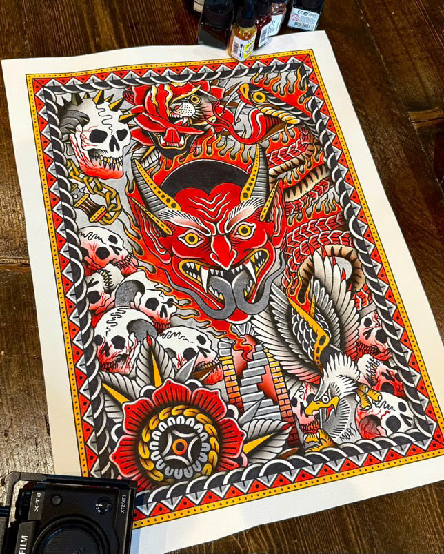 Close-up of 'Mors – Chaos Print' artwork showcasing intricate tattoo-inspired design.