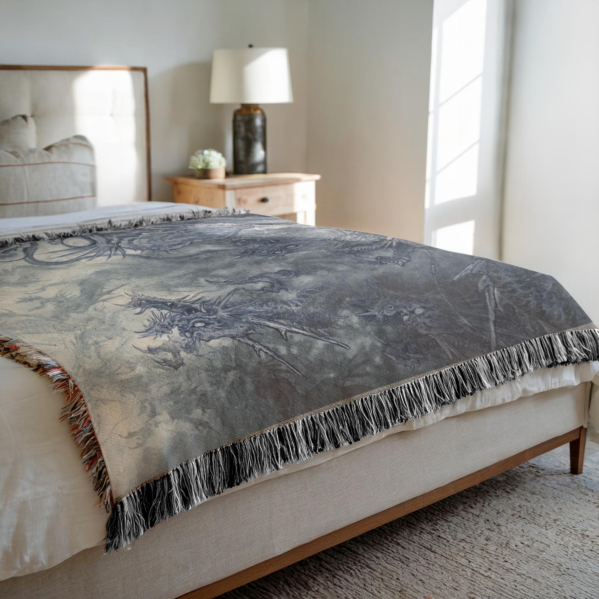 Close-up of Jojo Ackermann's Dragon Blanket showing intricate design and fringed edges.