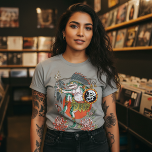 Person wearing the Alex Q Sundance Shirt outdoors showcasing the tattoo-inspired front artwork