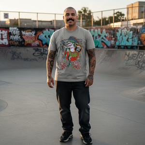 Man wearing the Alex Q Sundance Shirt in sage green featuring a colorful tattoo-inspired graphic at a skatepark
