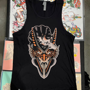 Flat lay of Devil Girl Tank by Cedric Weber featuring bold traditional tattoo artwork