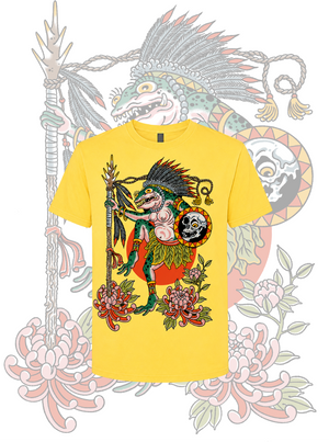 Yellow t-shirt with a colorful graphic design on a decorative background