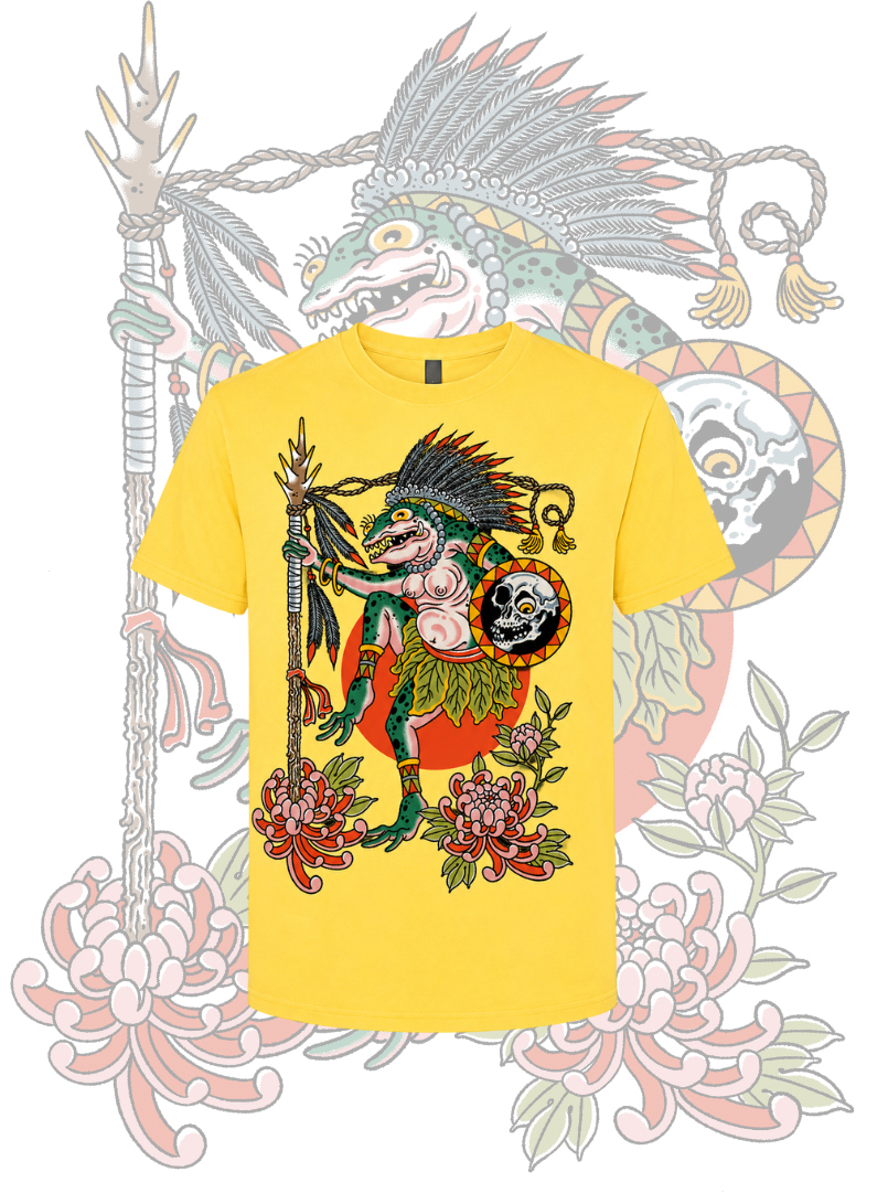 Yellow t-shirt with a colorful graphic design on a decorative background