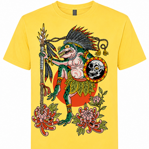 Yellow t-shirt with a colorful graphic design featuring a creature, flowers, and a skull on a white background.