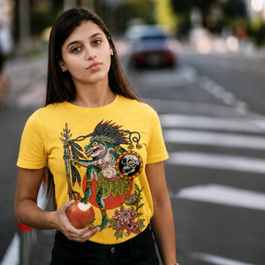 Woman wearing a yellow t-shirt with a colorful graphic design on a street.
