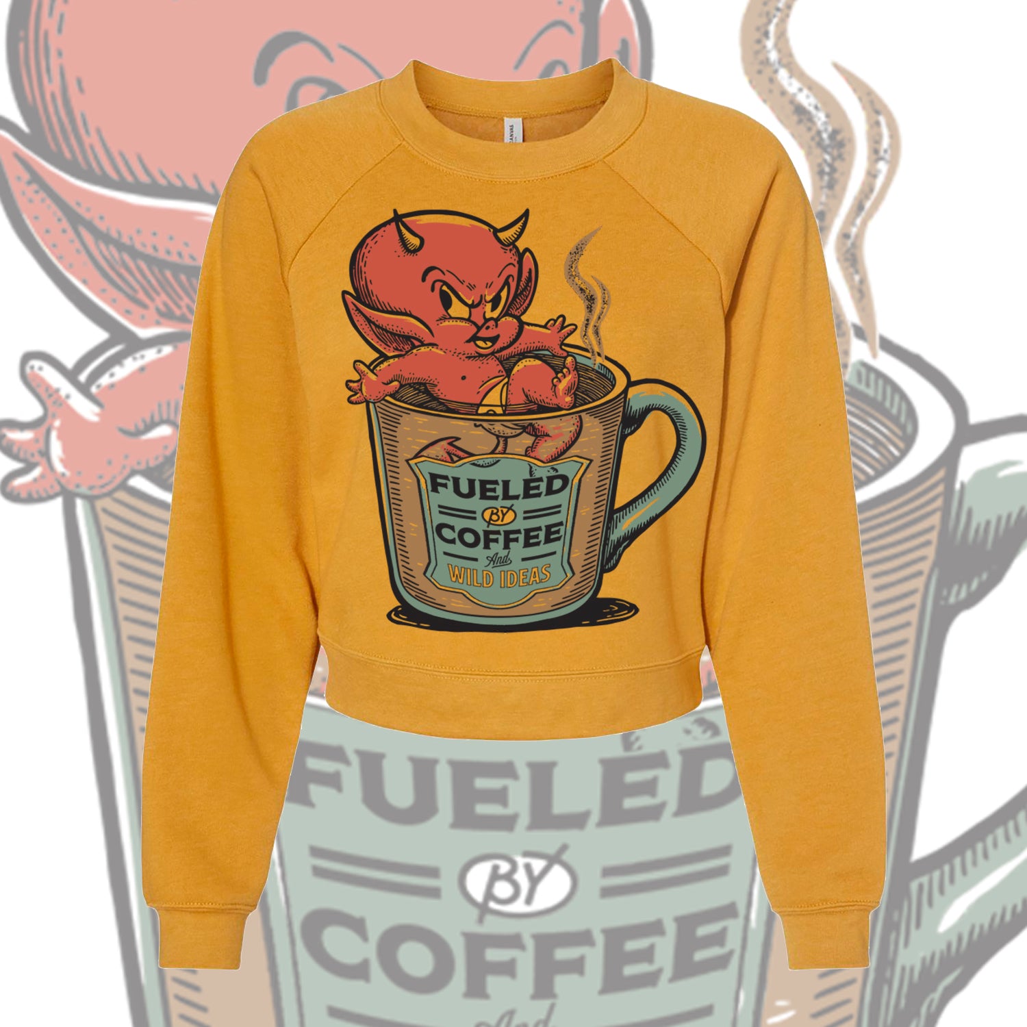 Hot Coffee graphic crop tee by Scott Weatherwax on soft Natural Next Level 3600 shirt