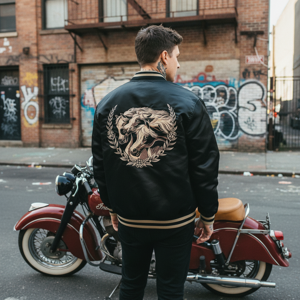 Back view of Year of the Horse satin bomber jacket showing full embroidered design.