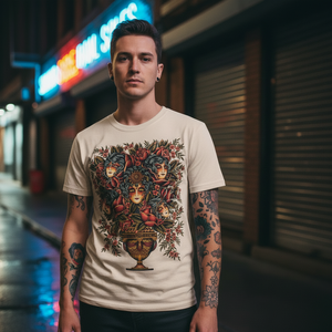 Man wearing a white t-shirt with a colorful graphic design on a city street at night.