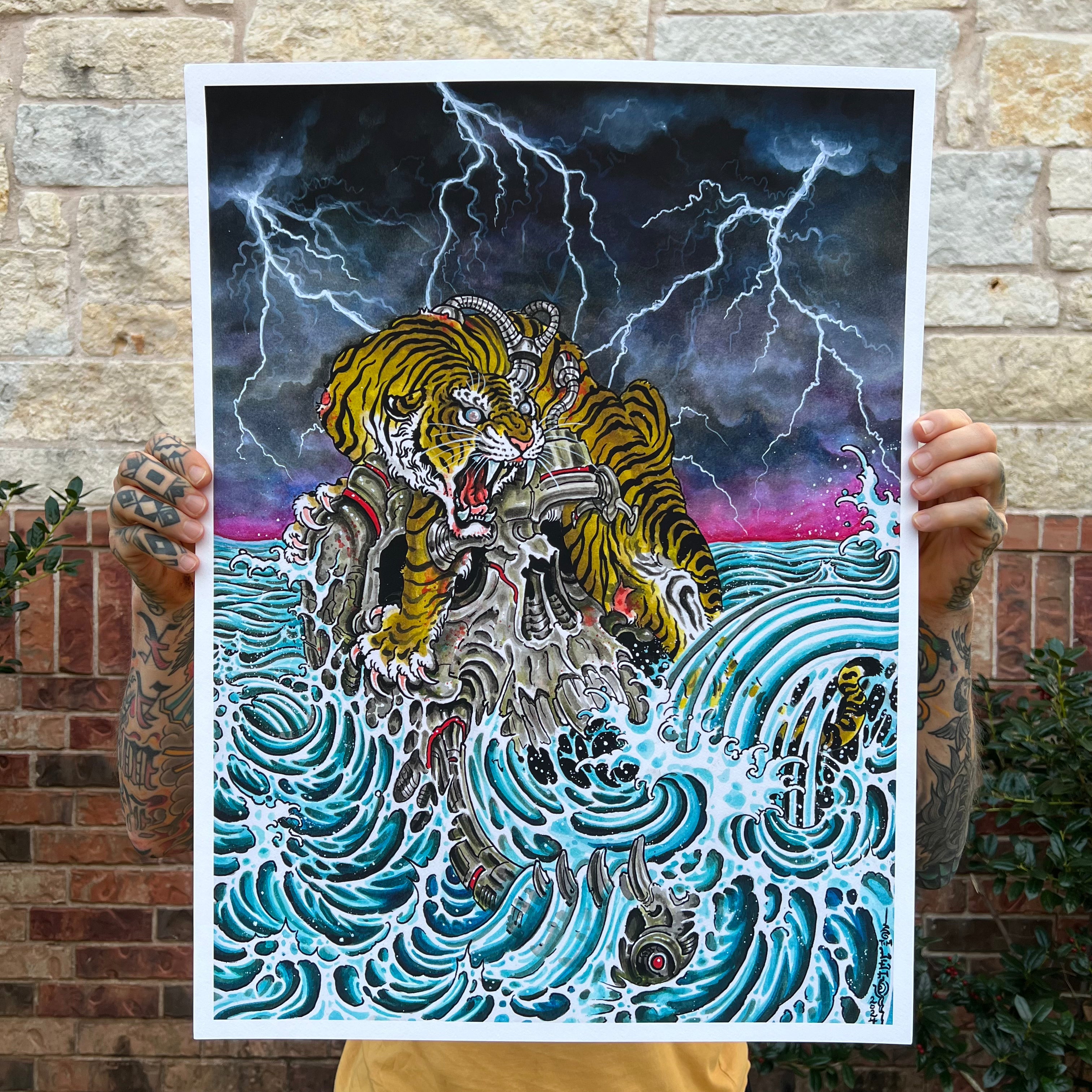 Close-up of circuitry and figure detail in Tim Lehi’s “Tech Dependency” print.