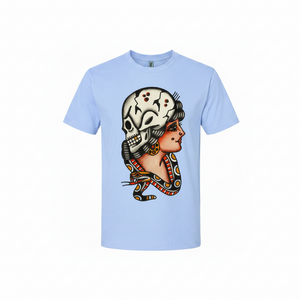 Light blue t-shirt with a skull and woman design on a white background