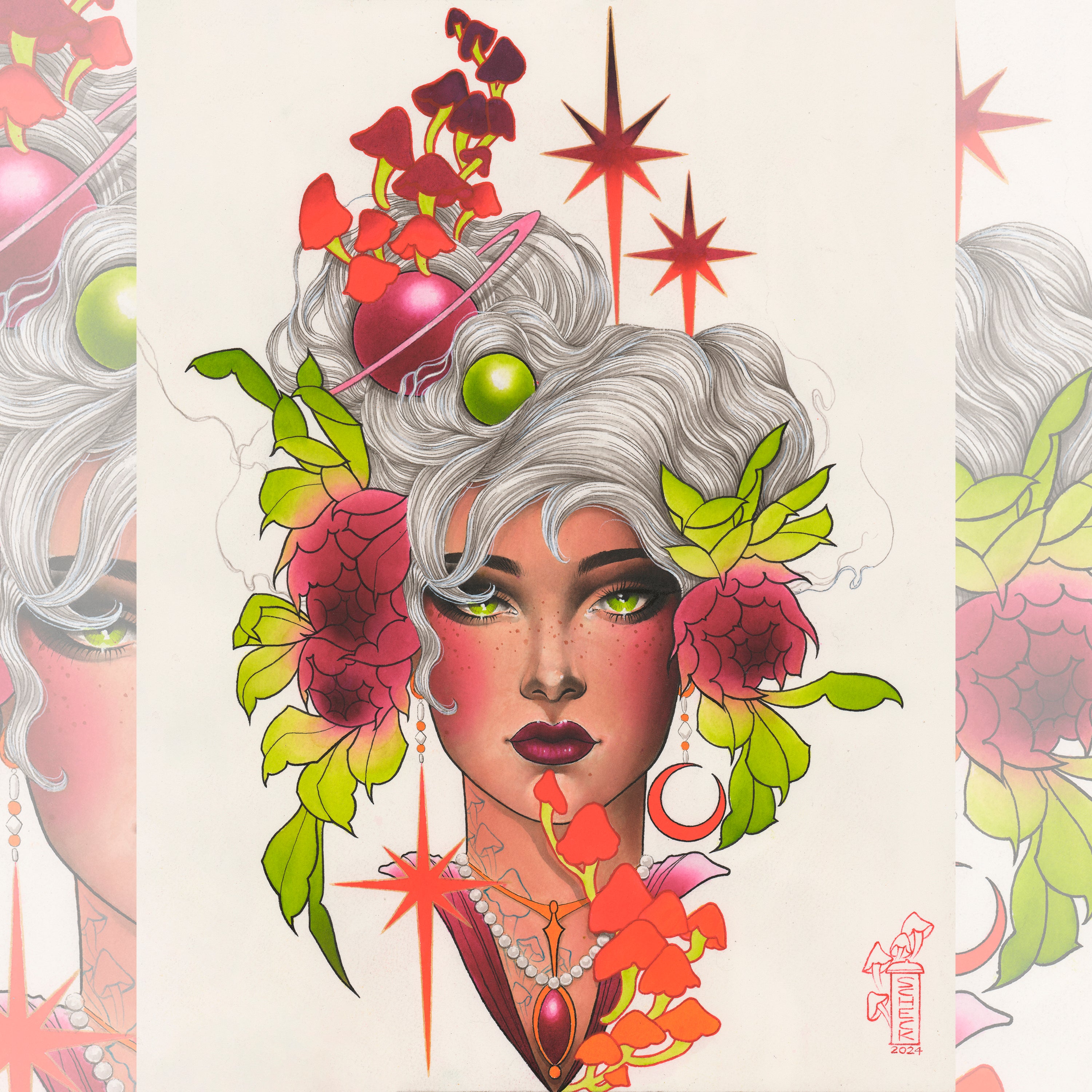 Close-up of Trip Queen Giclée Print showcasing intricate details and vibrant colors.
