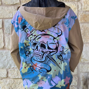 Back view of Thunder Bird jacket showing full-back sublimated floral thunder-bird pattern.