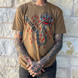 Close-up of Hate Kills T-Shirt showcasing intricate tattoo design and vibrant colors.