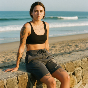 Woman sitting on a stone wall by the ocean