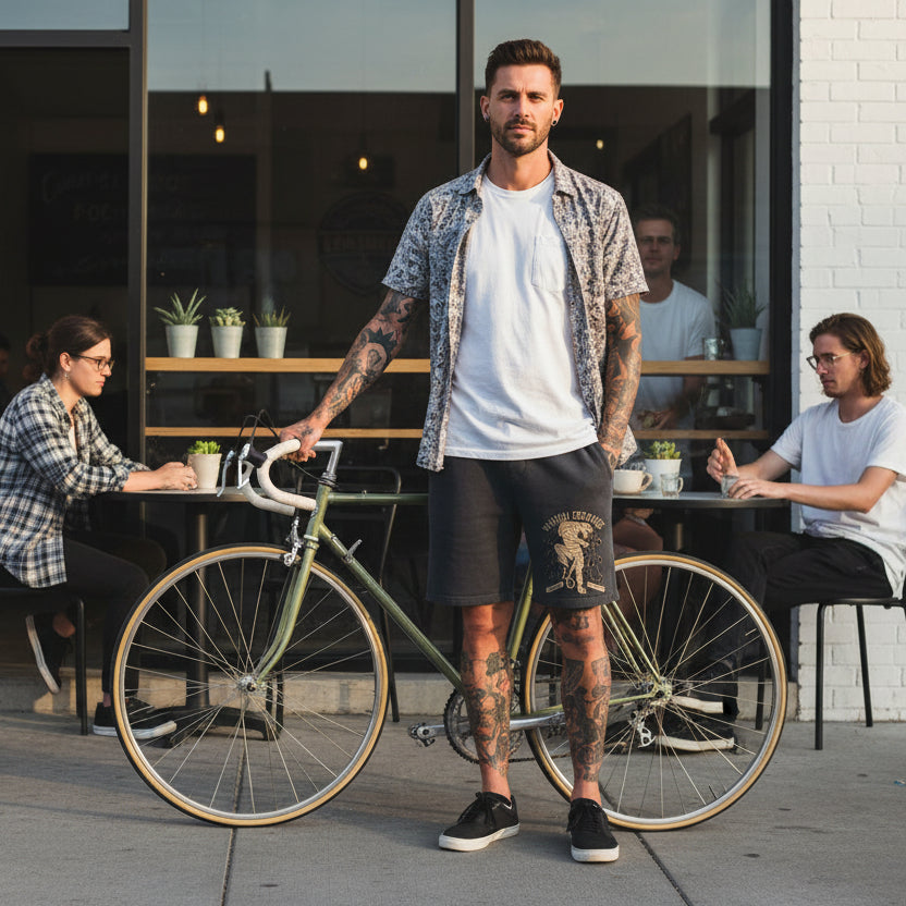 Man with tattoos standing next to a bicycle in an outdoor cafe setting