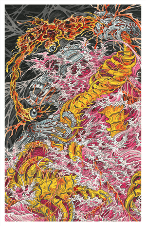 Colorful dragon illustration with flames and abstract patterns on a dark background