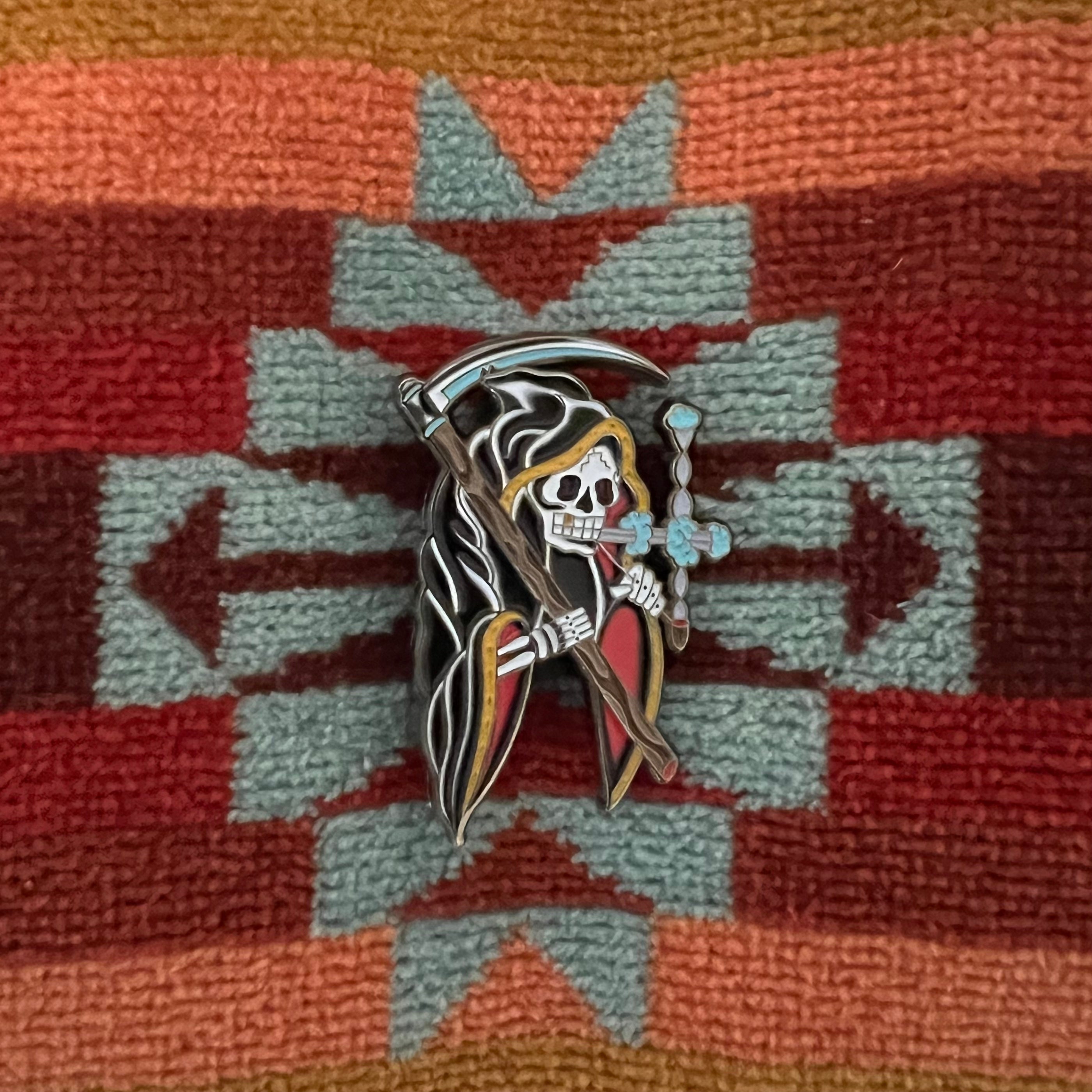 Smokin’ Reaper Pin – front view of 1.5″ soft enamel pin.