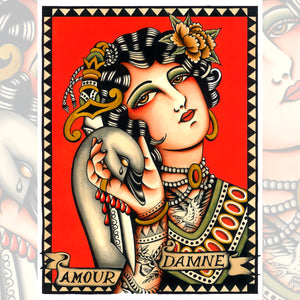 Traditional flash painting by Gaia Zeta featuring a romantic woman holding a swan with the banner “Amour Damné” on a red background.