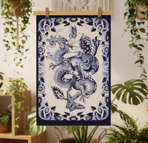 Close-up of stylised dragon detail in Aaron Hindson’s “Blue Ryu” print.