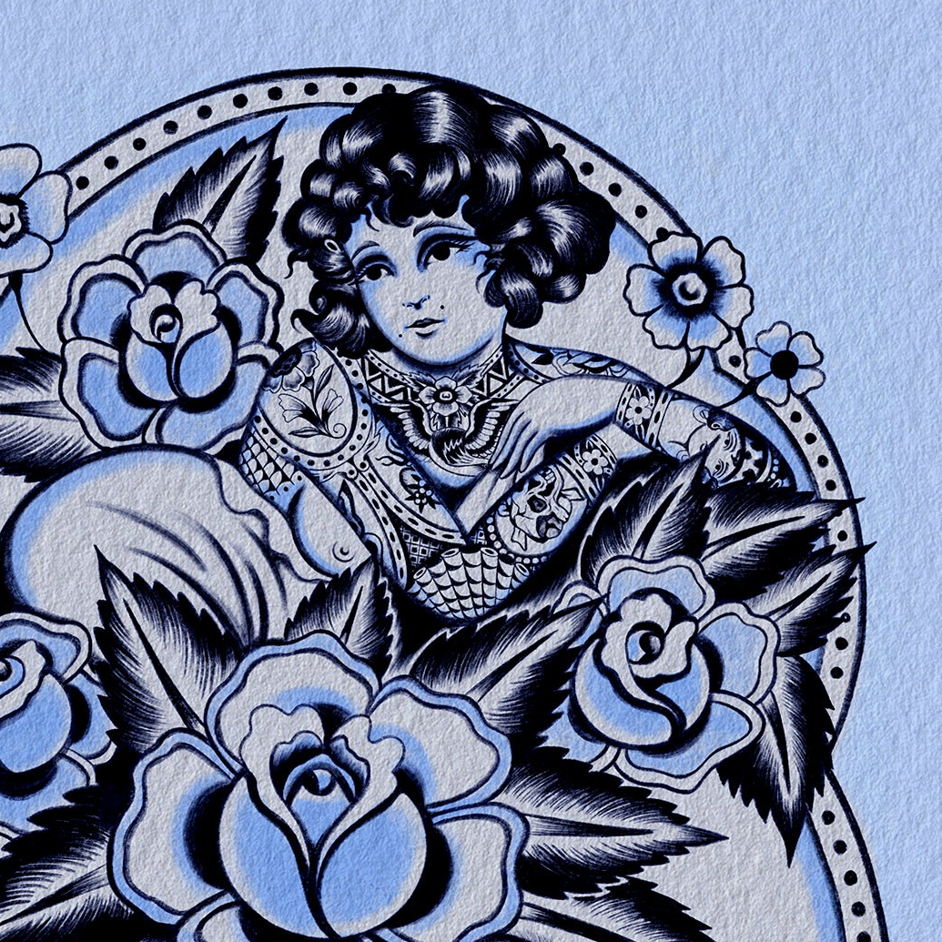 Close-up detail of “Blue Vase” illustration by Aaron Hindson.