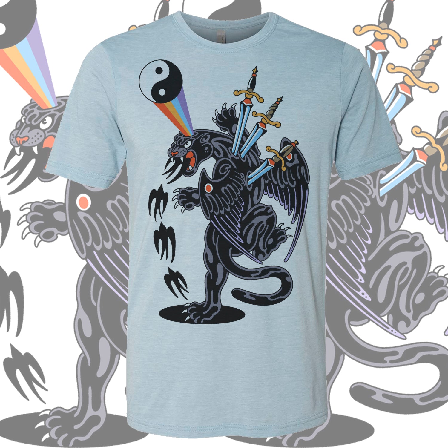 Alex Q Cosmic Dualism – Gray tattoo-inspired graphic tee featuring celestial and anatomical design.