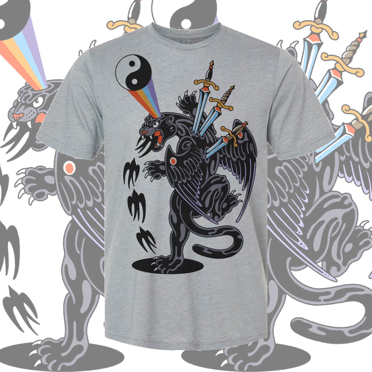 Close-up of Cosmic Dualism tee by Alex Q showcasing intricate linework and vibrant colors.