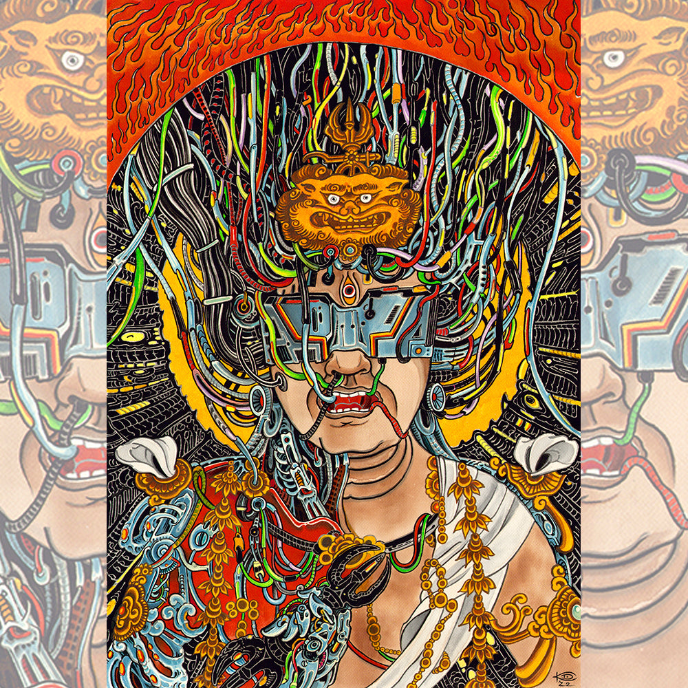 Klem Diglio's Buddha giclée print with vibrant red and yellow tones.