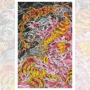 Colorful dragon illustration on a textured background