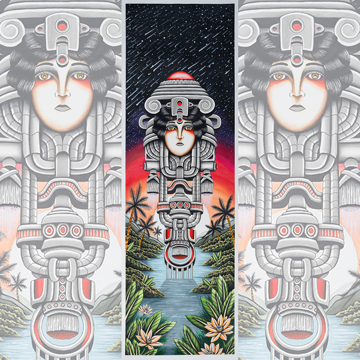 Close-up of DXM Vacation print by Daniel Stella showcasing intricate psychedelic design.