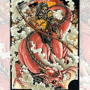 Derek Noble Death & the Dragon limited edition giclée art print featuring a skeletal warrior standing over a red dragon in Japanese tattoo-inspired artwork