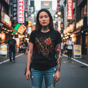Woman wearing a black t-shirt with a red and gold design in a neon-lit city street.