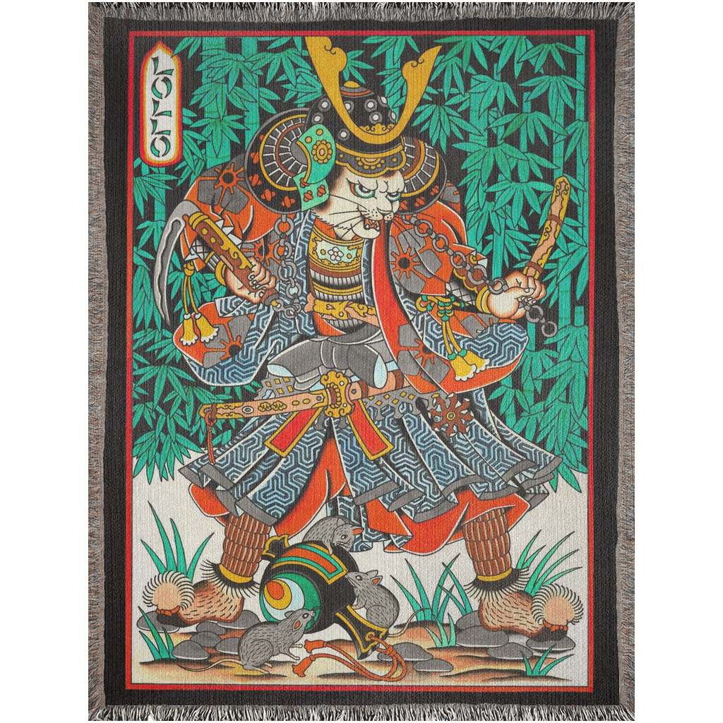 Lorenzo Rossi's Cat Samurai Blanket showcasing detailed Japanese-inspired artwork.