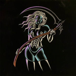 Front view of Femme Fatale Jacket by Madi Octavia, reversible velvet and satin bomber.