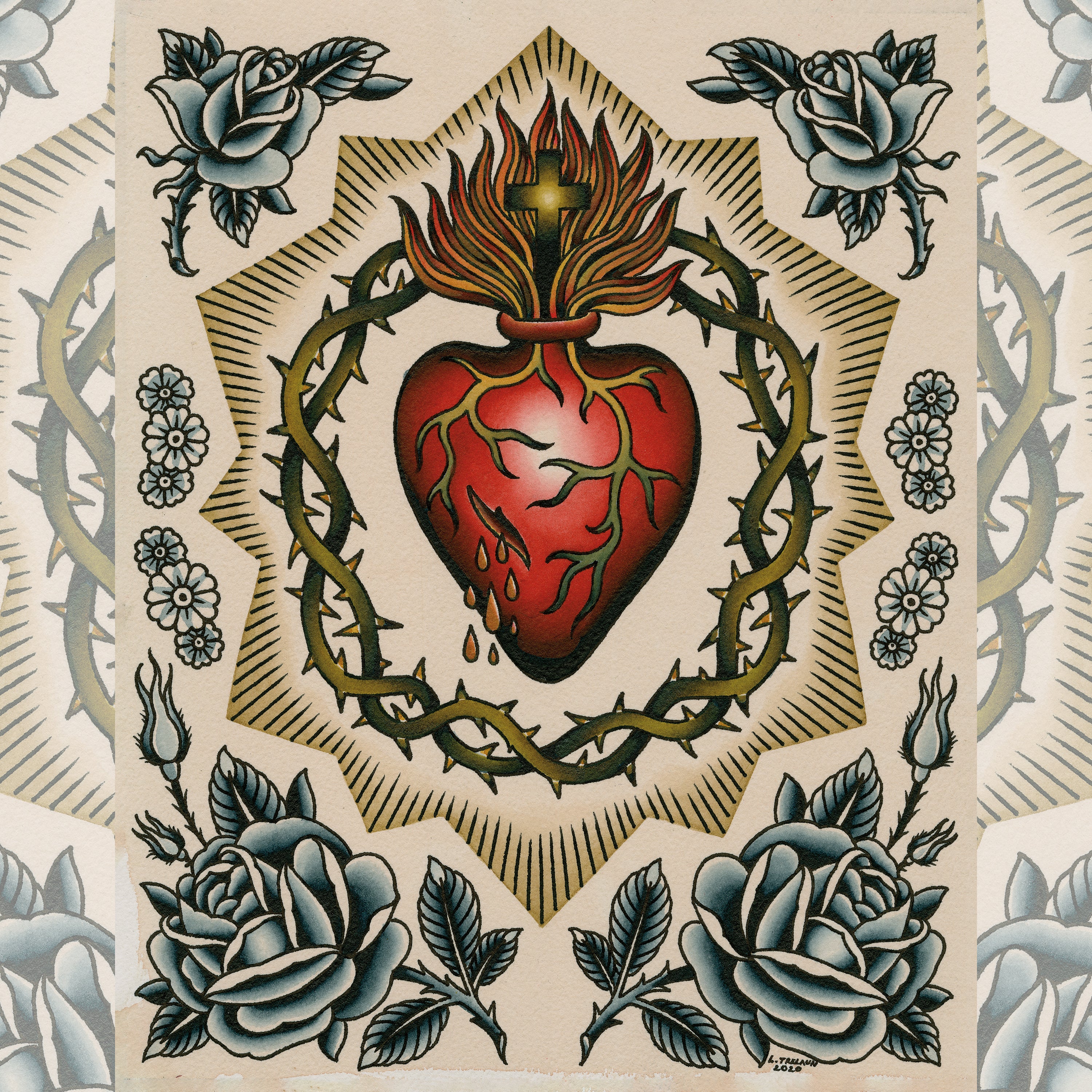 Sacred Heart One Print – Traditional Tattoo Art by Laurent Trelaun