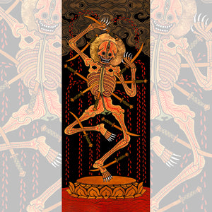 Decorative panel with a stylized skeleton in a dynamic pose on a patterned background.