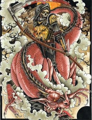 Derek Noble Death & the Dragon tattoo-inspired art print depicting a grim reaper warrior with a red dragon surrounded by dramatic clouds in a Japanese traditional style