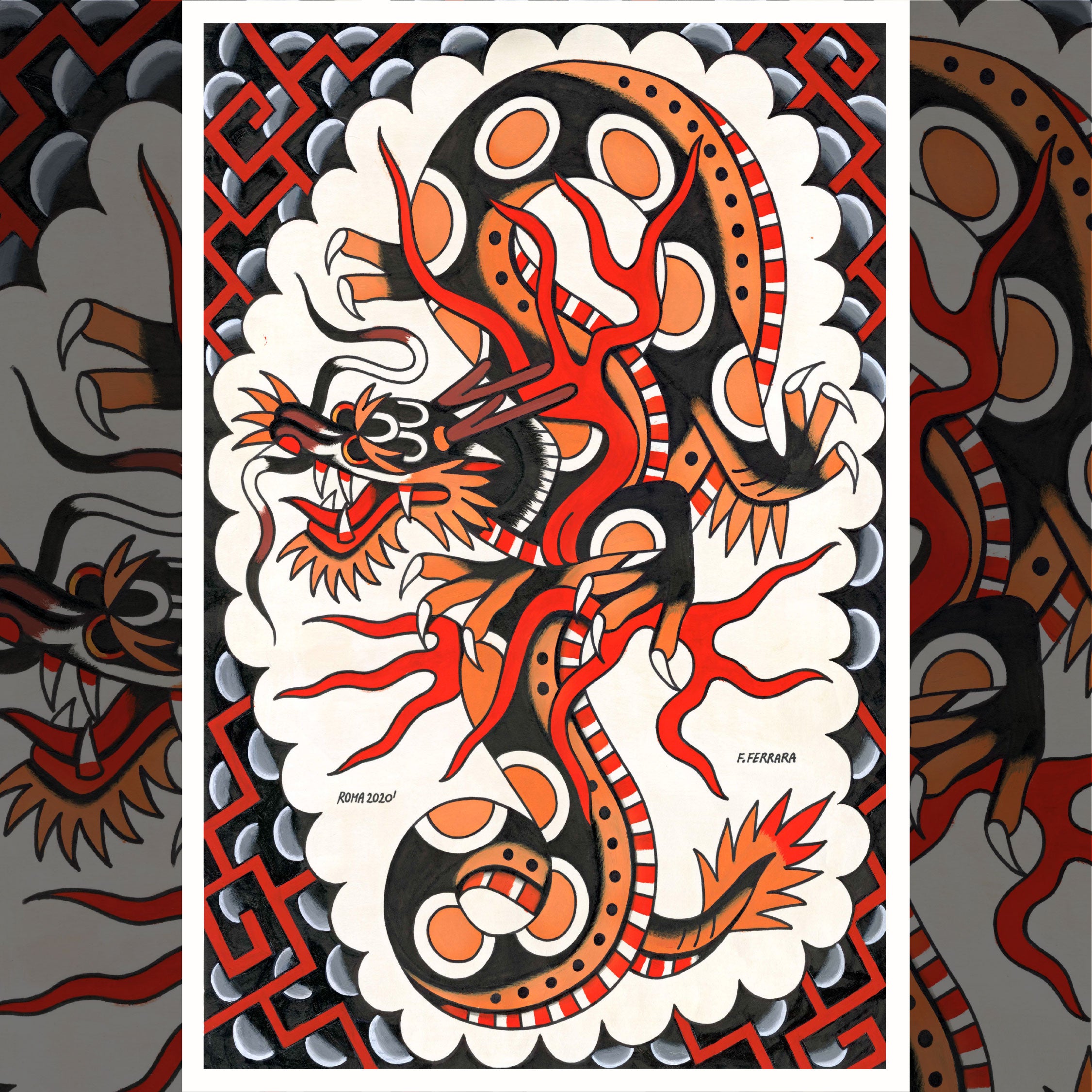 Close-up of Francesco Ferrara’s Fire Drago on textured Epson Cold Press paper