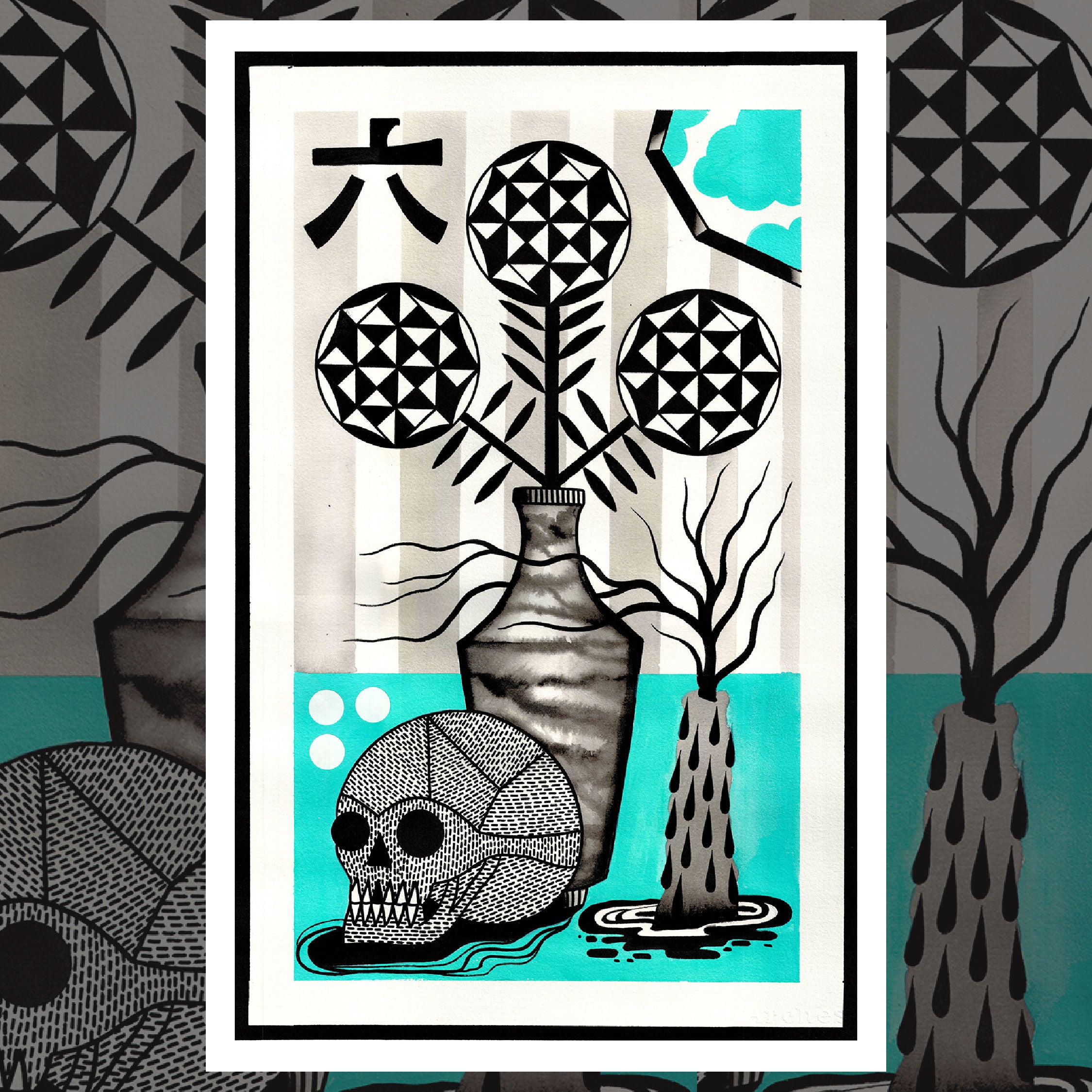 Close-up of "Skull Vase" print highlighting detailed artwork.