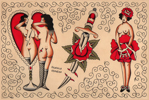 Federica Ferrera Love And Roses panoramic tattoo-inspired artwork featuring romantic pin-up illustrations, red roses, and dagger motifs in a vintage flash art style