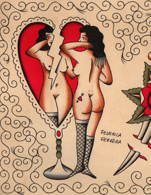 Federica Ferrera Love And Roses limited edition giclée art print featuring tattoo-inspired romantic artwork with a heart-shaped mirror, roses, and vintage pin-up illustration