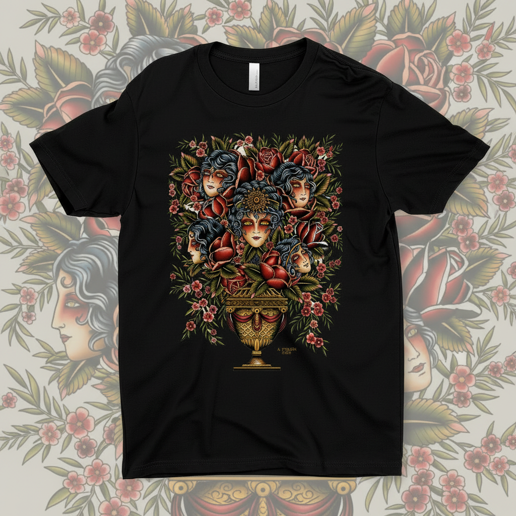 Laurent Trelaun Familiar Vase T-Shirt in Black featuring tattoo-inspired floral vase artwork and illustrated faces