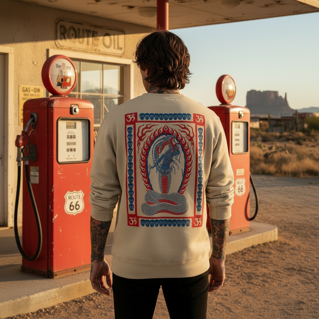 Graphic sweatshirt by Mindzai Apparel full-front view in studio light.