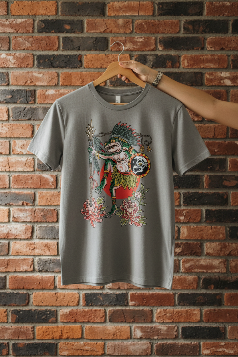 Close-up of the Alex Q Sundance Shirt highlighting the detailed tattoo-inspired graphic print