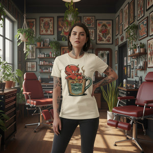 Neck tag and print detail of Hot Coffee Tee by Mindzai Apparel, Austin, TX.