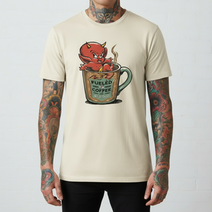 Close-up of Hot Coffee Tee print showing steam and devil-cup artwork details.
